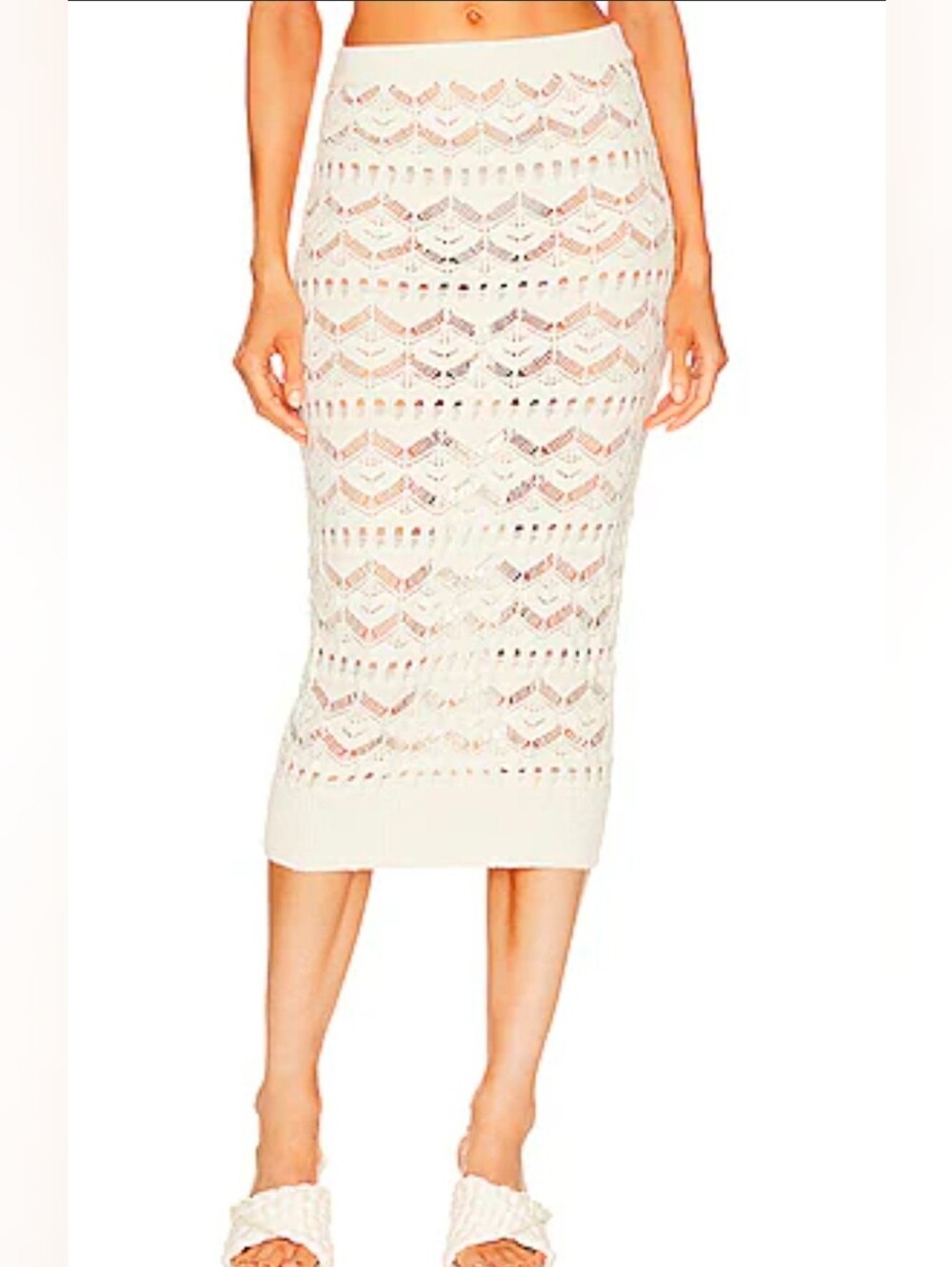 L'Academie Talmai Pointelle Midi Skirt in Ivory Cream Crochet